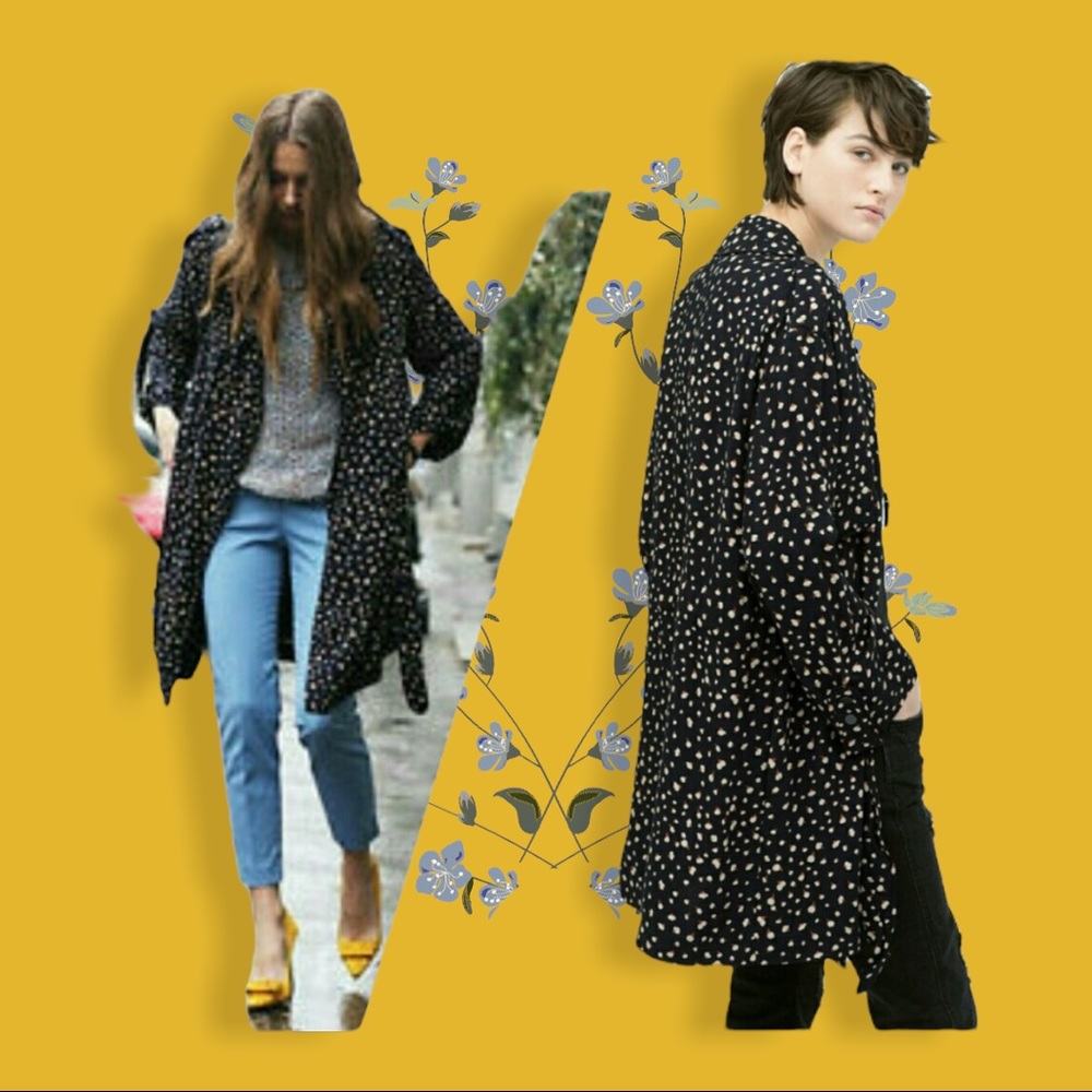 COPY - Zara trench navy blue with blossoms print